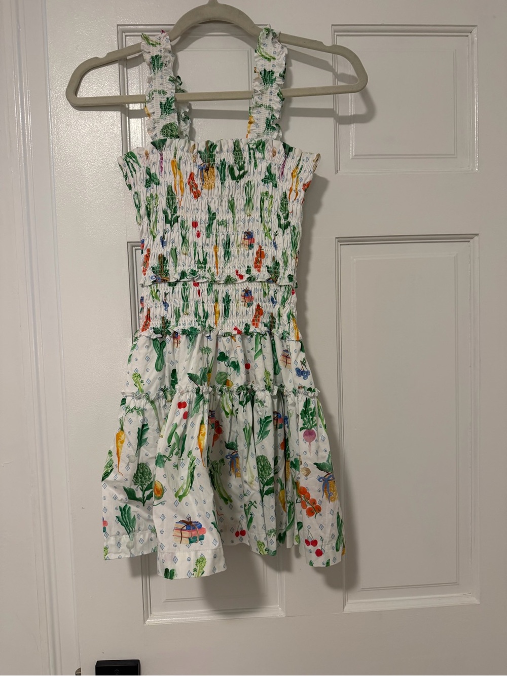 Hill House White Smocked Sundress with Colorful Vegetable & Fruit Print